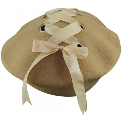 Berets Womens French Artist Solid 100% Wool Beret Hats with Rivets Ribbon - Beige - C0186I0IMM5 $12.68