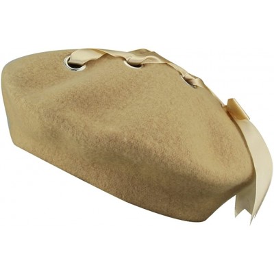 Berets Womens French Artist Solid 100% Wool Beret Hats with Rivets Ribbon - Beige - C0186I0IMM5 $12.68