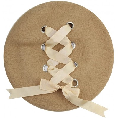 Berets Womens French Artist Solid 100% Wool Beret Hats with Rivets Ribbon - Beige - C0186I0IMM5 $12.68