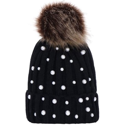 Cold Weather Headbands Women Faux Fur Pom Pom Beanie Cap Fashion Winter Pearl Knit Ski Hat - Black - CV18LK9CXDO $5.53