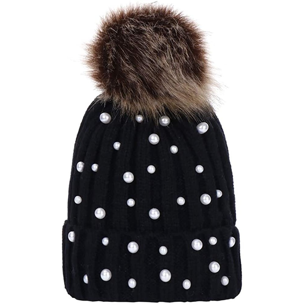 Cold Weather Headbands Women Faux Fur Pom Pom Beanie Cap Fashion Winter Pearl Knit Ski Hat - Black - CV18LK9CXDO $14.37