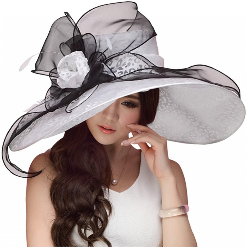 Sun Hats Women Hats Summer Big Hat Wide Brim Top Flower White Black - White Black - CN18CY4UT8W $32.54