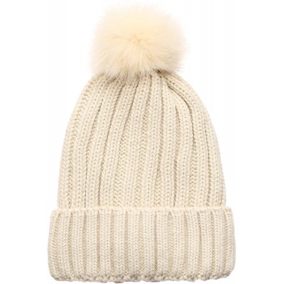 Skullies & Beanies Winter Ribbed Knitted Skull Cap Cuff Beanie Hat with Faux Fuzzy Fur Pom Pom - Khaki - C0186NK8L08 $9.90