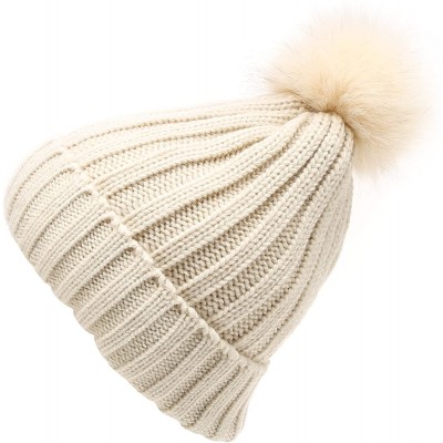 Skullies & Beanies Winter Ribbed Knitted Skull Cap Cuff Beanie Hat with Faux Fuzzy Fur Pom Pom - Khaki - C0186NK8L08 $9.90