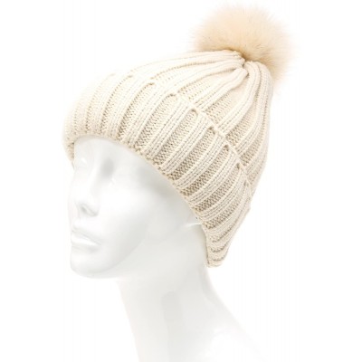 Skullies & Beanies Winter Ribbed Knitted Skull Cap Cuff Beanie Hat with Faux Fuzzy Fur Pom Pom - Khaki - C0186NK8L08 $9.90