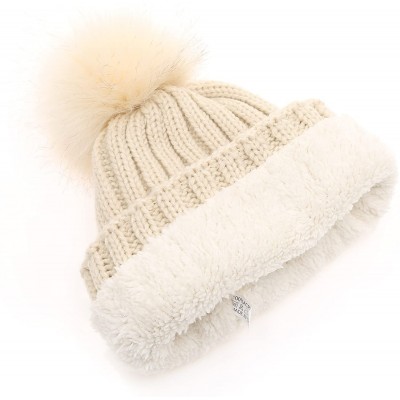 Skullies & Beanies Winter Ribbed Knitted Skull Cap Cuff Beanie Hat with Faux Fuzzy Fur Pom Pom - Khaki - C0186NK8L08 $9.90