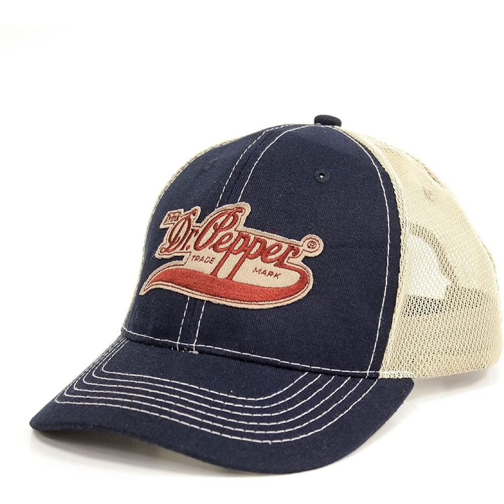 Baseball Caps Drink Dr Pepper Hat - Vintage Trucker Style hat - Snap Back Closure - Medium Crown Navy- Beige - CX12IG0U0IJ $1...