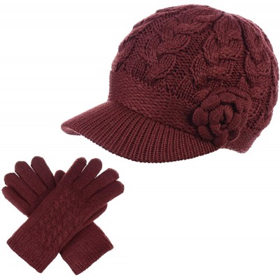 Newsboy Caps Women's Winter Fleece Lined Elegant Flower Cable Knit Newsboy Cabbie Hat - Wine Cable Flower-hat Gloves Set - CZ...