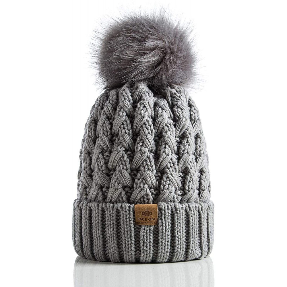 Skullies & Beanies Womens Winter Ribbed Beanie Crossed Cap Chunky Cable Knit Pompom Soft Warm Hat - Grey - CK18MGT6342 $17.41