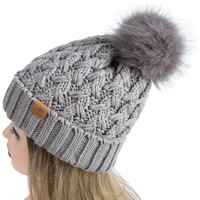 Skullies & Beanies Womens Winter Ribbed Beanie Crossed Cap Chunky Cable Knit Pompom Soft Warm Hat - Grey - CK18MGT6342 $17.41