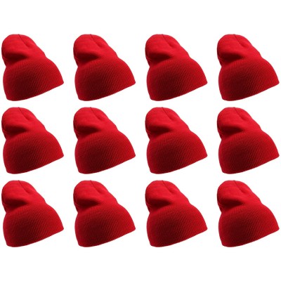 Skullies & Beanies Solid Color Short Winter Beanie Hat Knit Cap 12 Pack - Red - CK18H6QMK97 $55.92