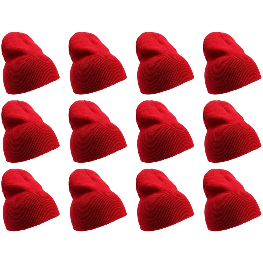 Skullies & Beanies Solid Color Short Winter Beanie Hat Knit Cap 12 Pack - Red - CK18H6QMK97 $29.86