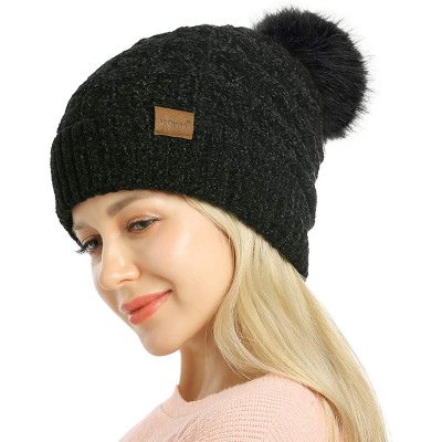 Skullies & Beanies Womens Slouchy Chenille Detachable - Black-d - CO18WWC98KH $12.67