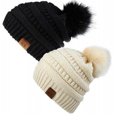 Skullies & Beanies Winter Beanie Hat Scarf Set Touch Screen Glove Warm Slouchy Pom Knit Skull Cap - Black + Beige 2pack - C41...