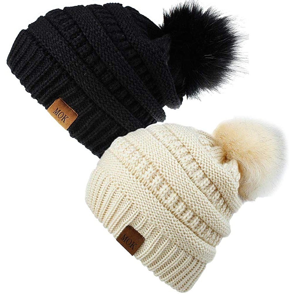 Skullies & Beanies Winter Beanie Hat Scarf Set Touch Screen Glove Warm Slouchy Pom Knit Skull Cap - Black + Beige 2pack - C41...