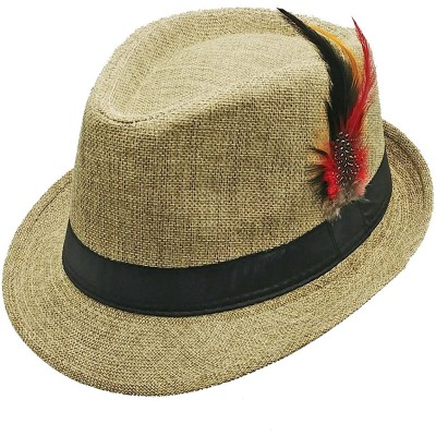 Fedoras Fedora HAT with Band & Feather - Trilby Gangster Mob Panama Jazz Vintage Style - Off Beige - CI189MWRTK6 $11.54