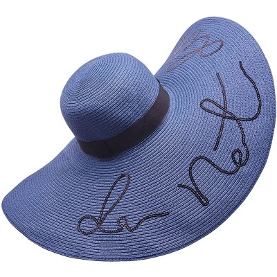 Sun Hats Womens Wide Brim Straw Embroidery Sun Hat Do Not Disturb Beach A429 - Navy Blue - CL17YUNXLI4 $21.90