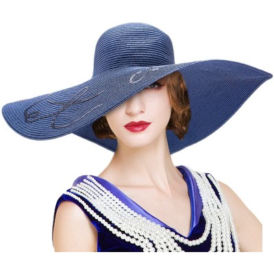 Sun Hats Womens Wide Brim Straw Embroidery Sun Hat Do Not Disturb Beach A429 - Navy Blue - CL17YUNXLI4 $21.90