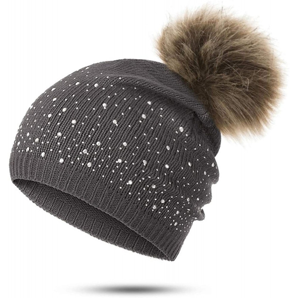 Skullies & Beanies Women's Winter Beanies Hat Knit Beanie Hat Pompom Female Rhinestone Skullies Hat - Gray - C518A2DAREC $29.50