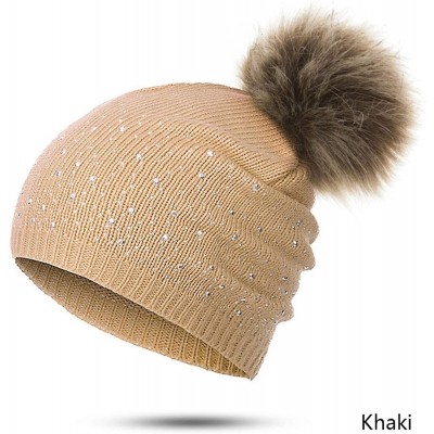 Skullies & Beanies Women's Winter Beanies Hat Knit Beanie Hat Pompom Female Rhinestone Skullies Hat - Gray - C518A2DAREC $29.50