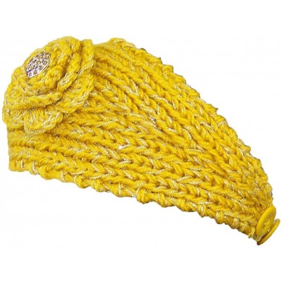Cold Weather Headbands Sparkly Knit Winter Headband w/Jeweled Button (One Size) - Yellow - CT11H6JOJGV $12.33