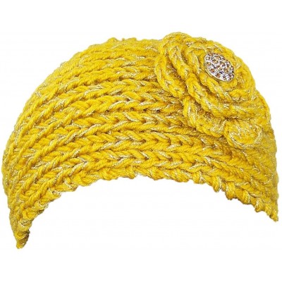 Cold Weather Headbands Sparkly Knit Winter Headband w/Jeweled Button (One Size) - Yellow - CT11H6JOJGV $12.33