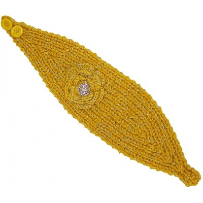 Cold Weather Headbands Sparkly Knit Winter Headband w/Jeweled Button (One Size) - Yellow - CT11H6JOJGV $12.33