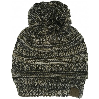 Skullies & Beanies Chunky Marled Cable Knit Warm Soft Multicolored Pom Beanie Hat - 4 Tone Mix - Brown- Camel- Grey- Ivory - ...