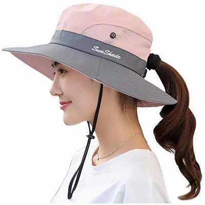 Sun Hats Women's Summer Mesh Wide Brim Sun UV Protection Hat with Ponytail Hole - Pink - CW18W2SLREU $12.36