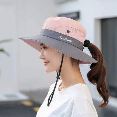 Sun Hats Women's Summer Mesh Wide Brim Sun UV Protection Hat with Ponytail Hole - Pink - CW18W2SLREU $12.36
