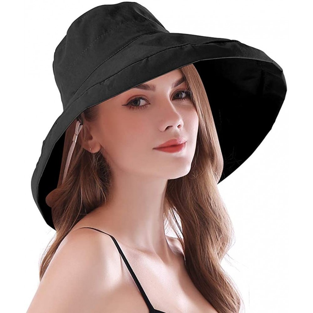 Sun Hats Women Wide Brim Sun Hats Foldable UPF 50+ Sun Protective Bucket Hat - Pure Black - CL18SYQAR4I $19.82