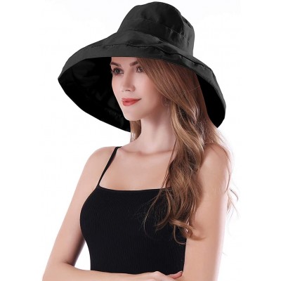 Sun Hats Women Wide Brim Sun Hats Foldable UPF 50+ Sun Protective Bucket Hat - Pure Black - CL18SYQAR4I $19.82