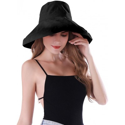 Sun Hats Women Wide Brim Sun Hats Foldable UPF 50+ Sun Protective Bucket Hat - Pure Black - CL18SYQAR4I $19.82