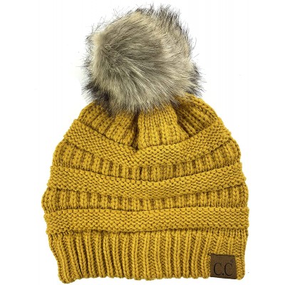 Skullies & Beanies Soft Stretch Cable Knit Ribbed Faux Fur Pom Pom Beanie Hat - Mustard - CE12JSM8RTD $17.26
