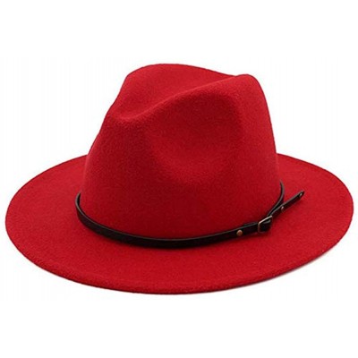 Fedoras Hat Set-Head Decor Vintage Solid Color Felt Wide Brim Bowler Fedora Hat Winter Floppy Women Cap - Red - C418A039OGE $...