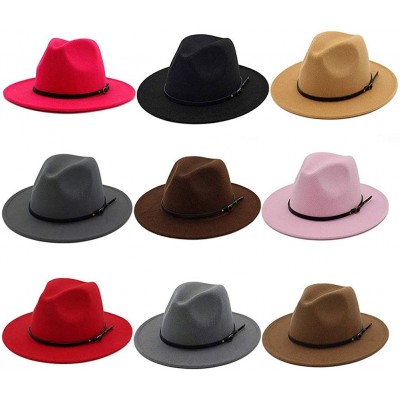 Fedoras Hat Set-Head Decor Vintage Solid Color Felt Wide Brim Bowler Fedora Hat Winter Floppy Women Cap - Red - C418A039OGE $...