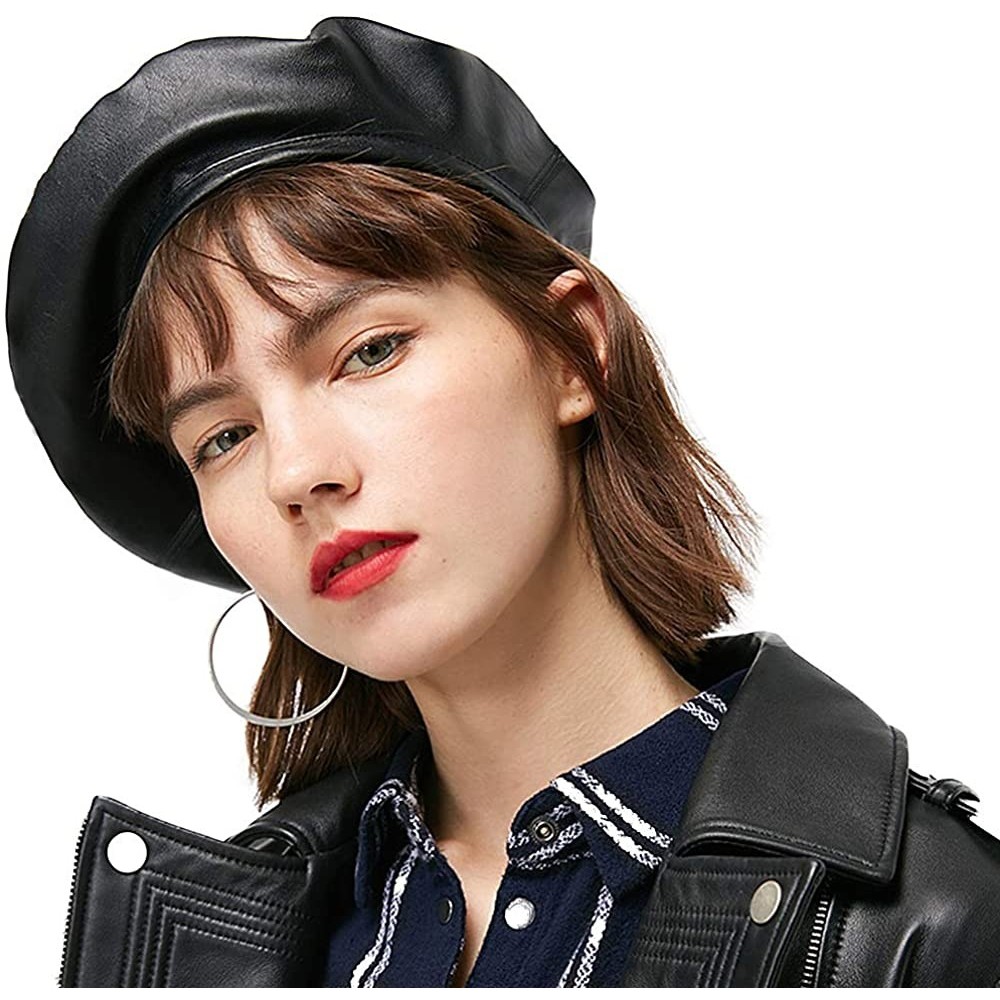 Berets Women Beret Hat PU Leather Cap - 2a104-pu Leather-black - C218WIZY4XL $10.48