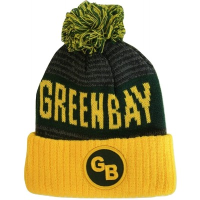 Skullies & Beanies Green Bay GB Patch Ribbed Cuff Knit Winter Hat Pom Beanie - Gold/Green Patch - CA188D0U8TG $10.74