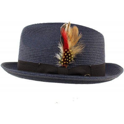 Fedoras Men's Light Removable Feather Derby Fedora Wide Curled Brim Hat - Navy - CF17YQO3WH7 $33.78