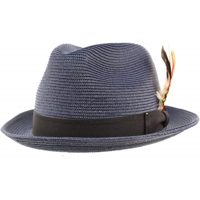 Fedoras Men's Light Removable Feather Derby Fedora Wide Curled Brim Hat - Navy - CF17YQO3WH7 $19.60