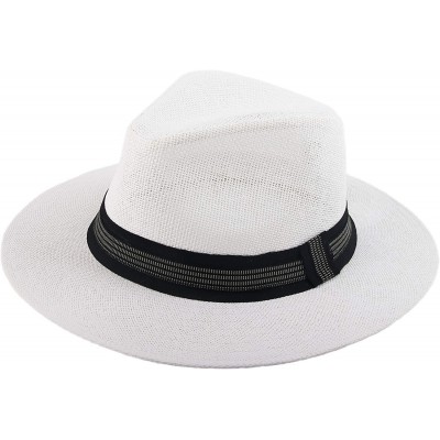 Fedoras Sun Straw Wide Brim Beach Summer Fedora Classic Panama Hat - White-black Band - CB18NL33GT9 $21.39