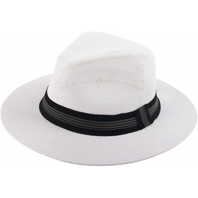 Fedoras Sun Straw Wide Brim Beach Summer Fedora Classic Panama Hat - White-black Band - CB18NL33GT9 $9.82