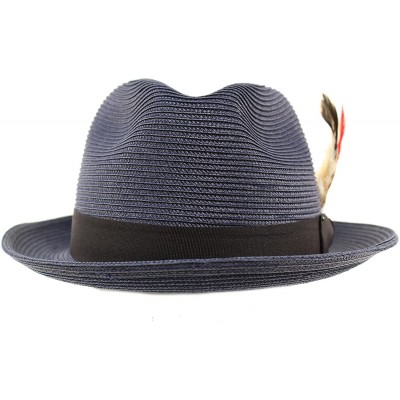 Fedoras Men's Light Removable Feather Derby Fedora Wide Curled Brim Hat - Navy - CF17YQO3WH7 $33.78
