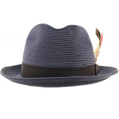 Fedoras Men's Light Removable Feather Derby Fedora Wide Curled Brim Hat - Navy - CF17YQO3WH7 $19.60