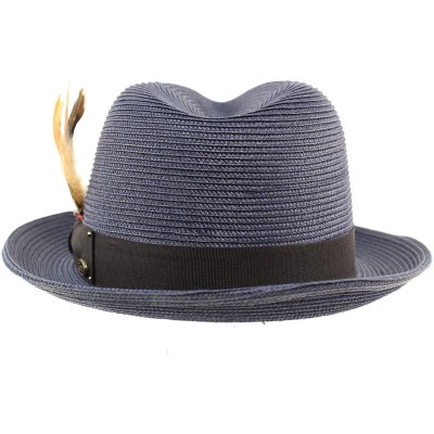 Fedoras Men's Light Removable Feather Derby Fedora Wide Curled Brim Hat - Navy - CF17YQO3WH7 $19.60