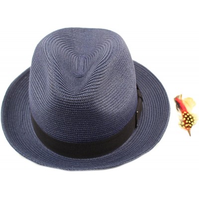 Fedoras Men's Light Removable Feather Derby Fedora Wide Curled Brim Hat - Navy - CF17YQO3WH7 $19.60