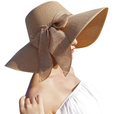 Sun Hats Women Big Brim Straw Hat Sun Floppy Wide Brim Hats New Bowknot Folding Beach Cap - Khaki - CI18NLM2IY7 $10.74