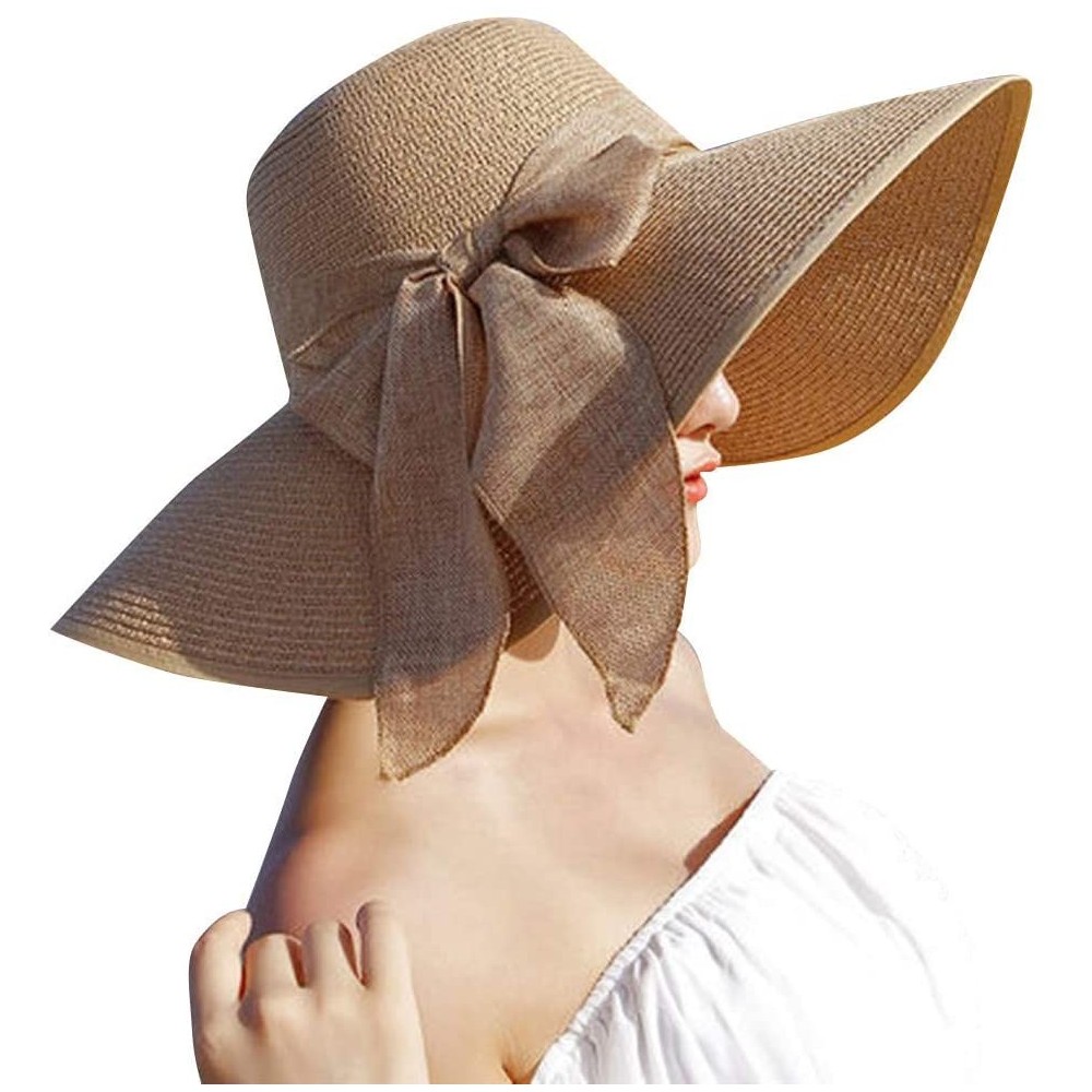 Sun Hats Women Big Brim Straw Hat Sun Floppy Wide Brim Hats New Bowknot Folding Beach Cap - Khaki - CI18NLM2IY7 $10.74