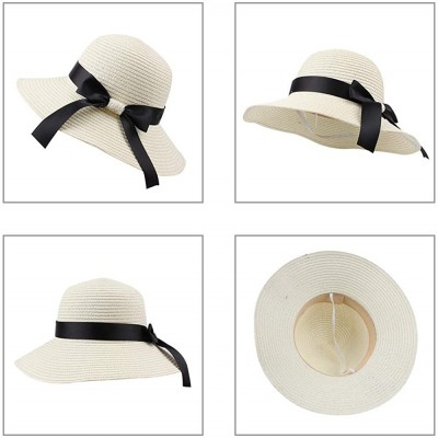 Sun Hats Women-Girls Straw Sun Hat Summer Beach Cap Foldable Visor Floppy Hats Wide Brim with Strap-Big Bowknot-Adjustable - ...
