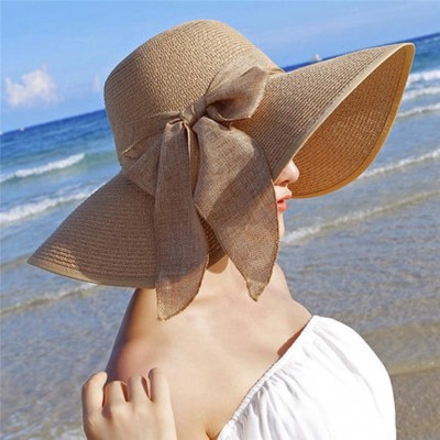 Sun Hats Women Big Brim Straw Hat Sun Floppy Wide Brim Hats New Bowknot Folding Beach Cap - Khaki - CI18NLM2IY7 $10.74